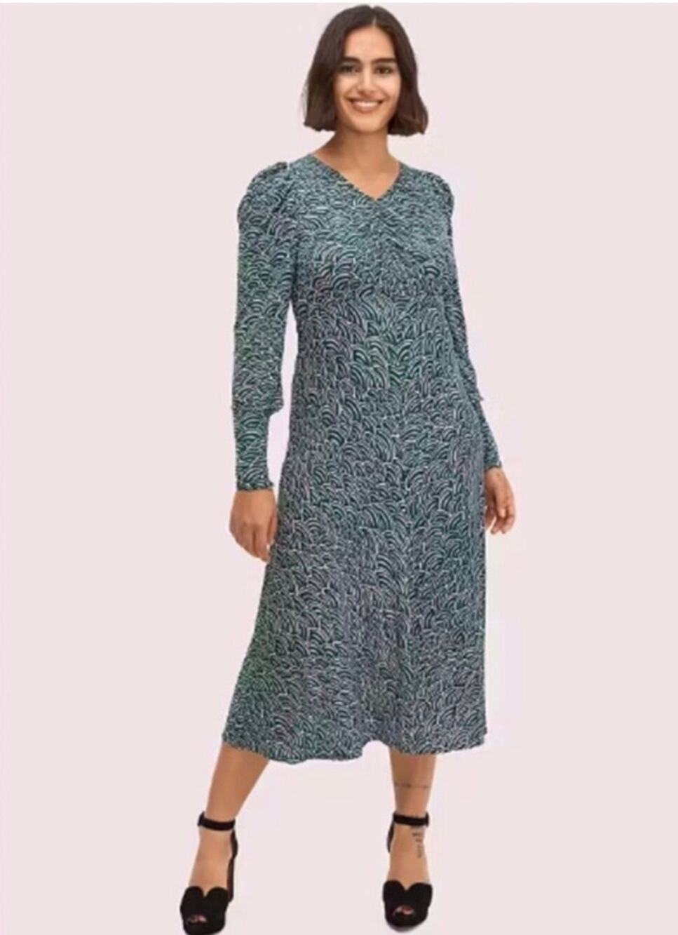 Kate Spade Long Puff Sleeve Maxi Dress Size 4 purple abstract pattern V neck